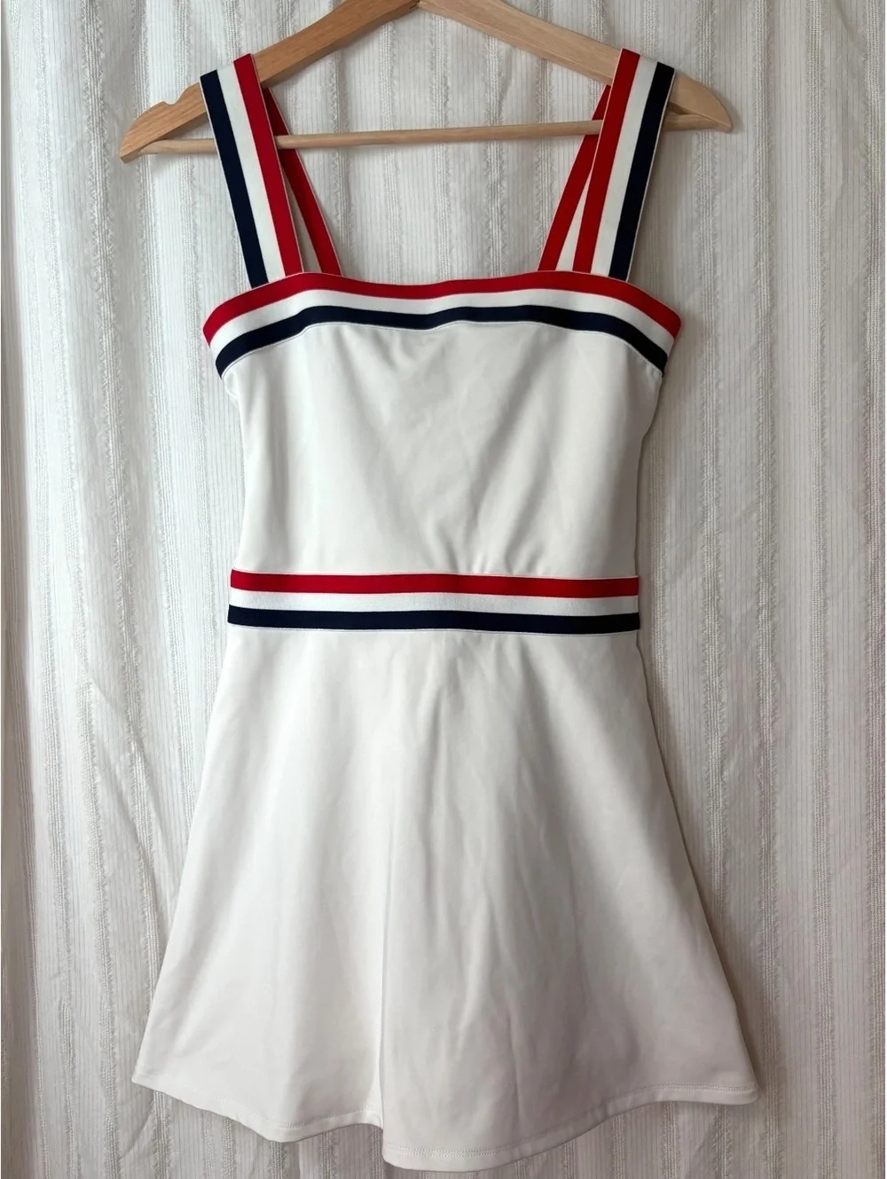 Reformation White Dress with Red and Navy Striped Straps #preppy #tennis